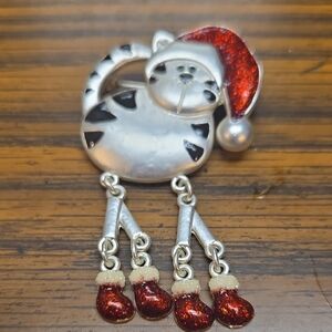 Festive Cat Brooch with Red Santa Hat